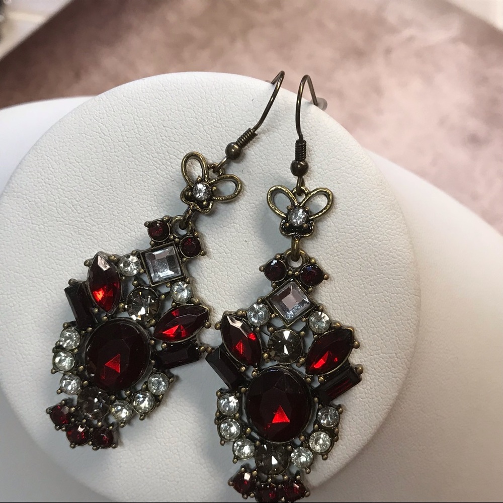 Crystal and red rhinestone dangle earrings